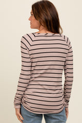 Beige Striped Ruched Side Long Sleeve Top