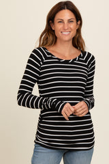 Black Striped Ruched Side Maternity Long Sleeve Top