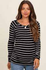 Black Striped Ruched Side Maternity Long Sleeve Top