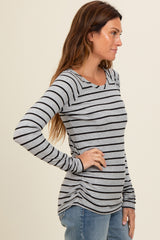 Heather Grey Striped Ruched Side Long Sleeve Top