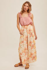 Orange Tropical Floral Print Wide Leg Tulip Pants