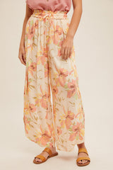 Orange Tropical Floral Print Wide Leg Tulip Pants