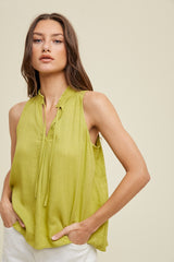 Lime Linen High-Neck Tank Top With Self Tie