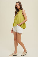 Lime Linen High-Neck Tank Top With Self Tie