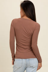 Mocha Ribbed V-Neck Long Sleeve Top