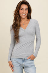 Heather Grey Ribbed V-Neck Long Sleeve Top