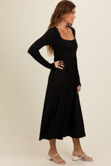 Black Square Neck Long Sleeve Midi Dress