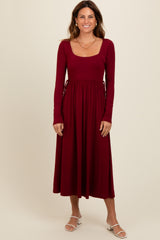 Burgundy Square Neck Long Sleeve Midi Dress