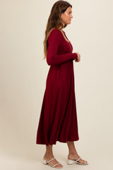 Burgundy Square Neck Long Sleeve Midi Dress