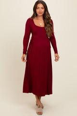 Burgundy Square Neck Long Sleeve Maternity Midi Dress