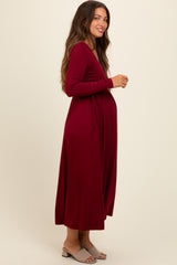 Burgundy Square Neck Long Sleeve Maternity Midi Dress