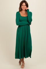 Forest Green Square Neck Long Sleeve Midi Dress