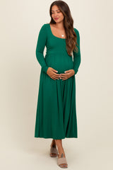 Forest Green Square Neck Long Sleeve Maternity Midi Dress