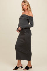 Charcoal Foldover Off Shoulder Long Sleeve Maternity Midi Dress