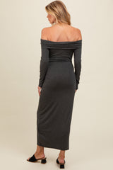 Charcoal Foldover Off Shoulder Long Sleeve Maternity Midi Dress