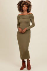 Olive Foldover Off Shoulder Long Sleeve Maternity Midi Dress