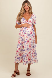 Ivory Floral V-Neck Maternity Midi Dress