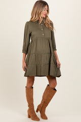 Olive Collared Tiered Maternity Dress