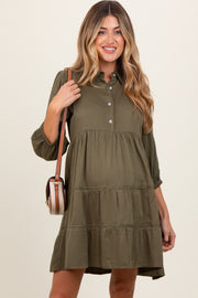 Olive Collared Tiered Maternity Dress