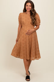 Camel Floral Embroidered Overlay Maternity Midi Dress