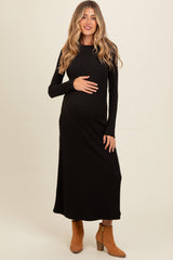 Charcoal Ribbed Knit Side Slit Maternity Midi Dress