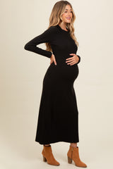 Charcoal Ribbed Knit Side Slit Maternity Midi Dress