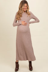 Mocha Ribbed Knit Side Slit Maternity Midi Dress