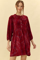 Burgundy Velvet Jacquard Button Up Dress