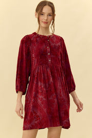 Burgundy Velvet Jacquard Button Up Dress