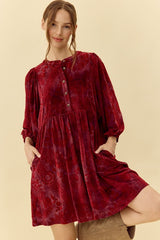 Burgundy Velvet Jacquard Button Up Dress