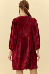 Burgundy Velvet Jacquard Button Up Dress