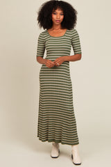 Olive Striped Ribbed Short Sleeve Maxi Dress