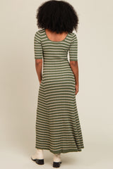 Olive Striped Ribbed Short Sleeve Maxi Dress