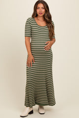 Olive Striped Ribbed Short Sleeve Maternity Maxi Dress