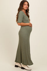 Olive Striped Ribbed Short Sleeve Maternity Maxi Dress