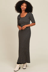 Black Striped Ribbed Short Sleeve Maternity Maxi Dress