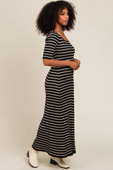 Black Striped Ribbed Short Sleeve Maxi Dress