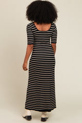 Black Striped Ribbed Short Sleeve Maxi Dress