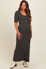 Black Striped Ribbed Short Sleeve Maternity Maxi Dress