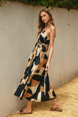 Camel Abstract Print Sash Tie Maxi Dress