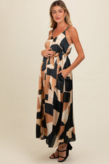 Camel Abstract Print Sash Tie Maternity Maxi Dress