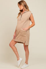 Mocha Zip Up Hooded Maternity Sweatshirt Mini Dress