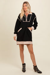 Black Contrast Trim Collared Zip Up Mini Dress