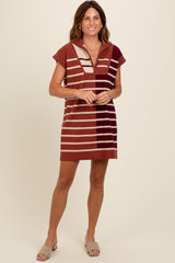 Rust Knit Striped Colorblock Collared Zip Up Mini Dress