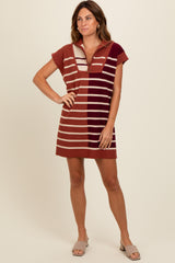 Rust Knit Striped Colorblock Collared Zip Up Mini Dress