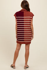 Rust Knit Striped Colorblock Collared Zip Up Mini Dress