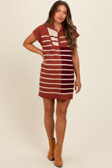 Rust Knit Striped Colorblock Collared Zip Up Maternity Mini Dress