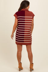 Rust Knit Striped Colorblock Collared Zip Up Maternity Mini Dress