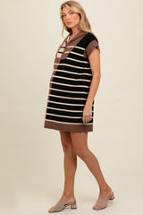 Mocha Knit Striped Colorblock Collared Zip Up Maternity Mini Dress