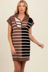 Mocha Knit Striped Colorblock Collared Zip Up Maternity Mini Dress